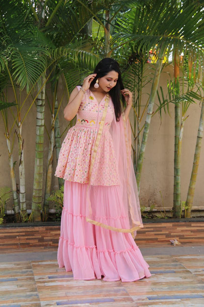 Baby Pink Color Latest Designer Georgette Embroidered Plazzo Sharara Suit Set For Women