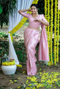 Beautiful Pink Color Designer Rich Pallu Lichi silk saree Blouse