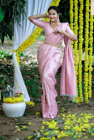 Beautiful Pink Color Designer Rich Pallu Lichi silk saree Blouse