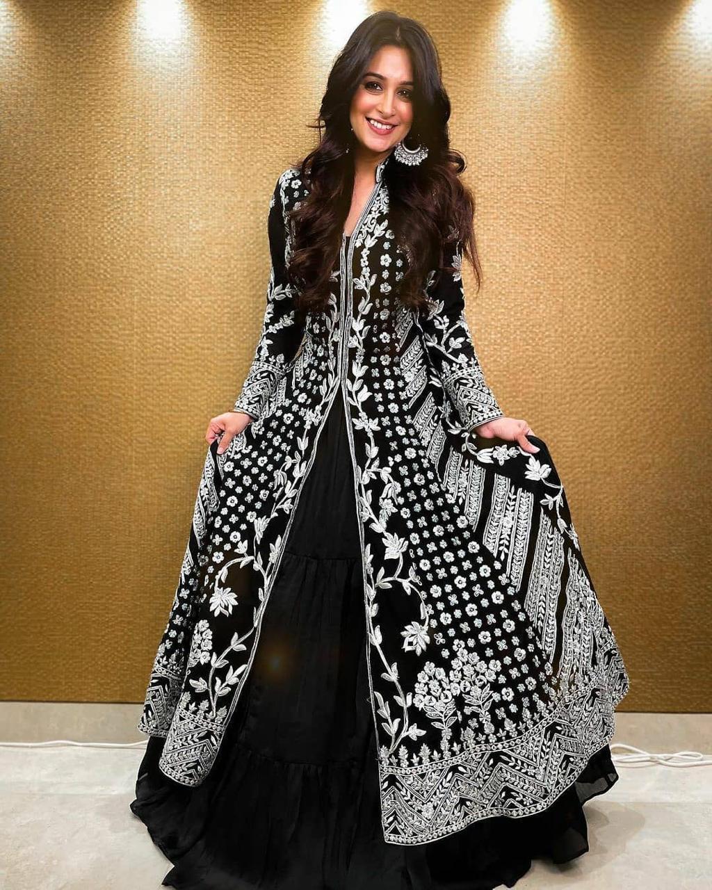 Designer Party Wear Black Georgette Gown With Koti For Women