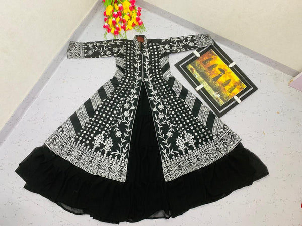Designer Party Wear Black Georgette Gown With Koti For Women