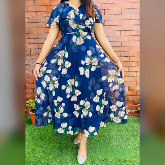 Blue Color Designer Maxi Long Dress For Party Wear