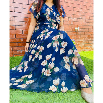 Blue Color Designer Maxi Long Dress For Party Wear