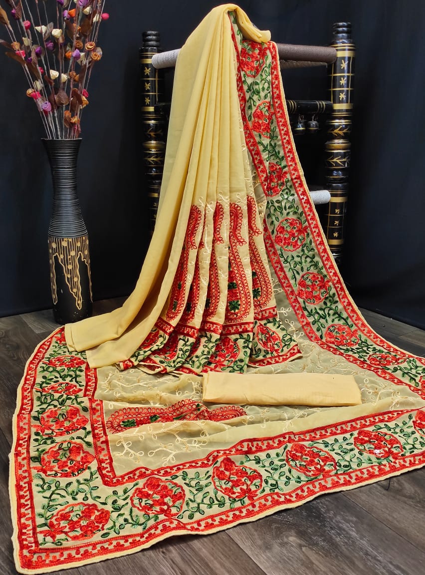 Kashmiri Embroidered Latest Designer Saree with Blouse