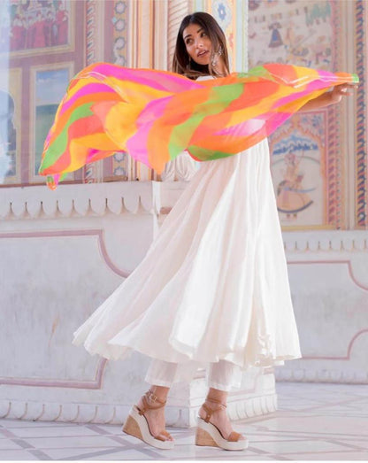 White Colored Party Wear Cotton Semi Stitched Kurti Bottom Dupatta Suit For Women