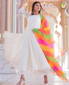 White Colored Party Wear Cotton Semi Stitched Kurti Bottom Dupatta Suit For Women