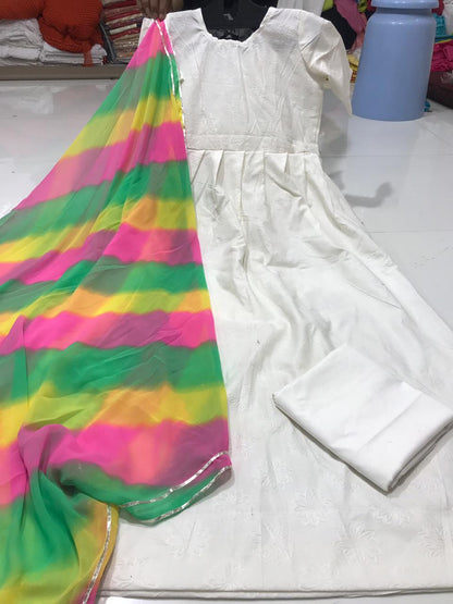 White Colored Party Wear Cotton Semi Stitched Kurti Bottom Dupatta Suit For Women