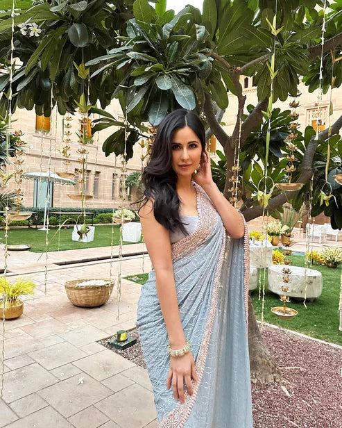 Glamorous Light Blue Color Georgette Designer Sequence Embroidered Work Saree Blouse
