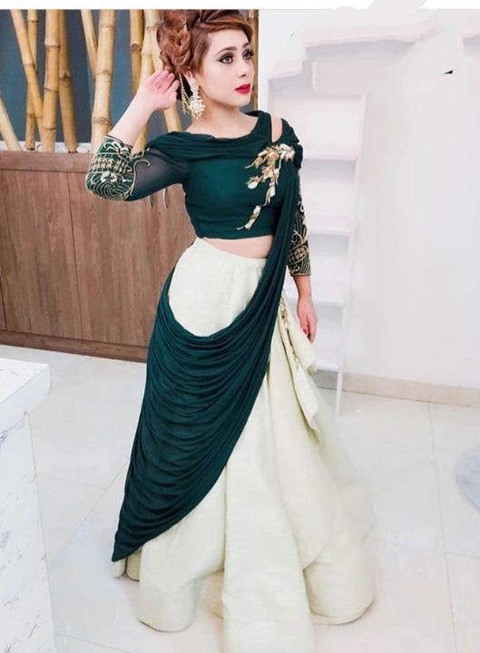 Dark Green Colored Taffeta Silk With Embroidered Thread Zari Work Blouse Lehenga