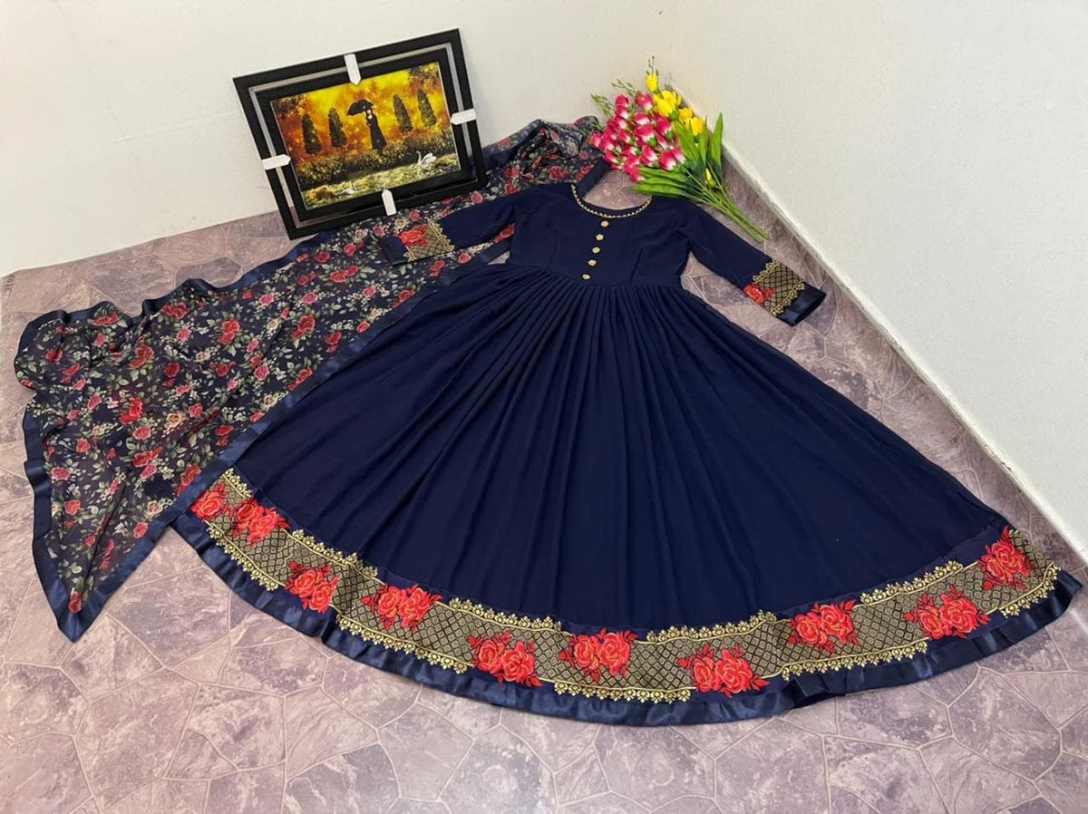 Designer Georgette With Jacquard Anarkali Gown With Dupatta