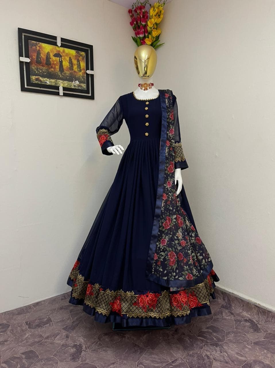 Designer Georgette With Jacquard Anarkali Gown With Dupatta