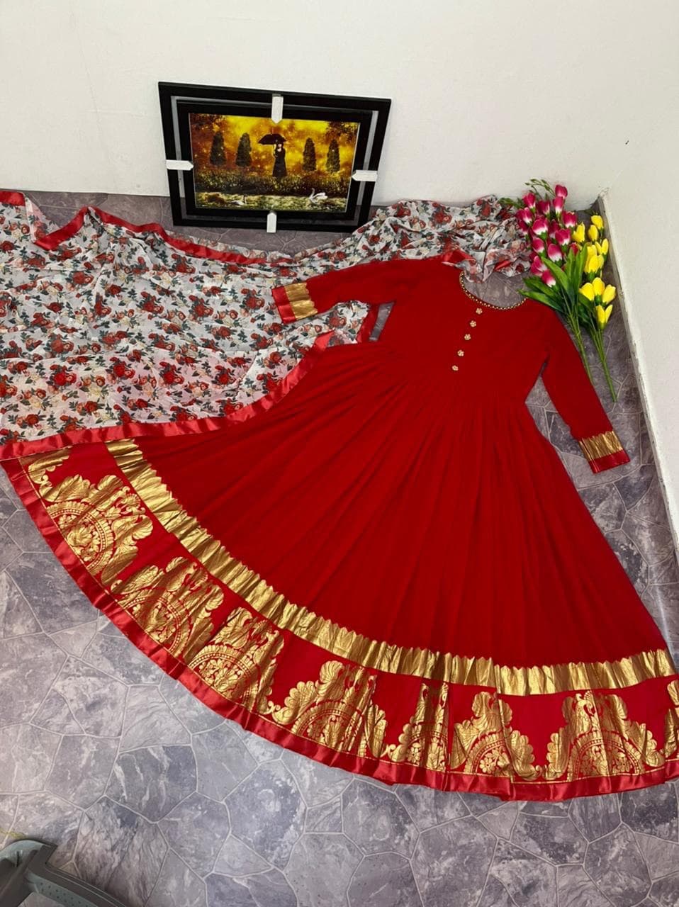Designer Georgette With Jacquard Anarkali Gown With Dupatta