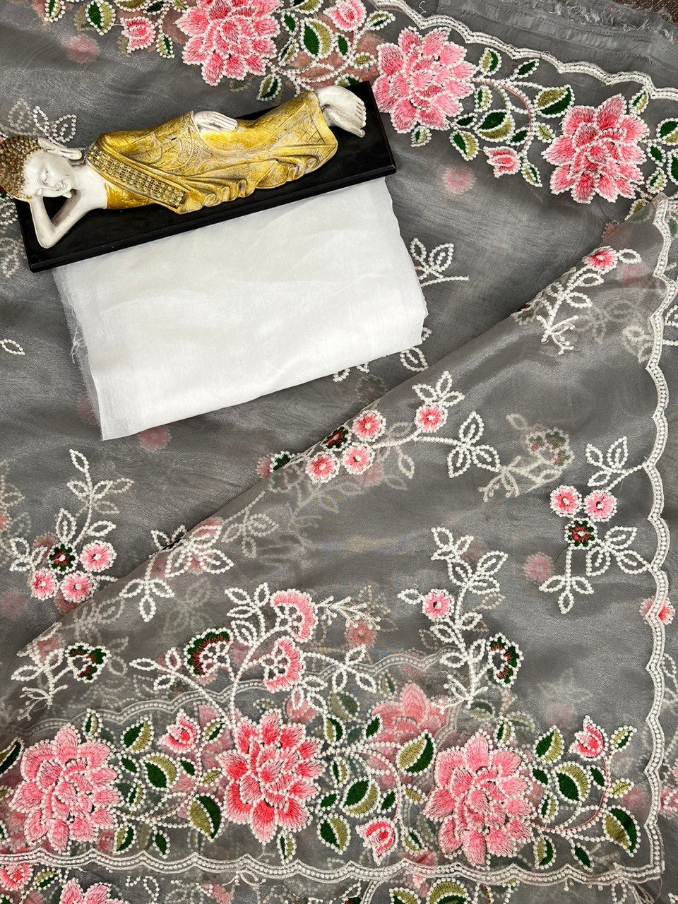 Awesome Grey Color Organza Multi Embroidered Thread Work Saree Blouse