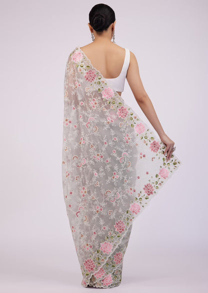 Awesome Grey Color Organza Multi Embroidered Thread Work Saree Blouse