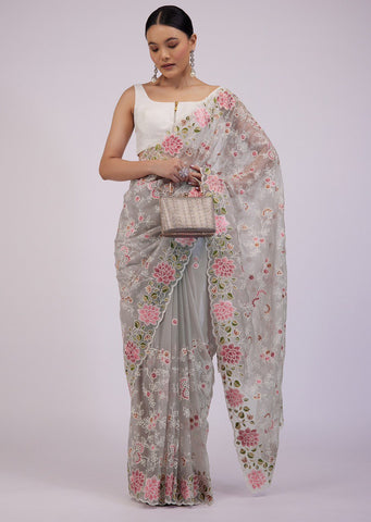Awesome Grey Color Organza Multi Embroidered Thread Work Saree Blouse