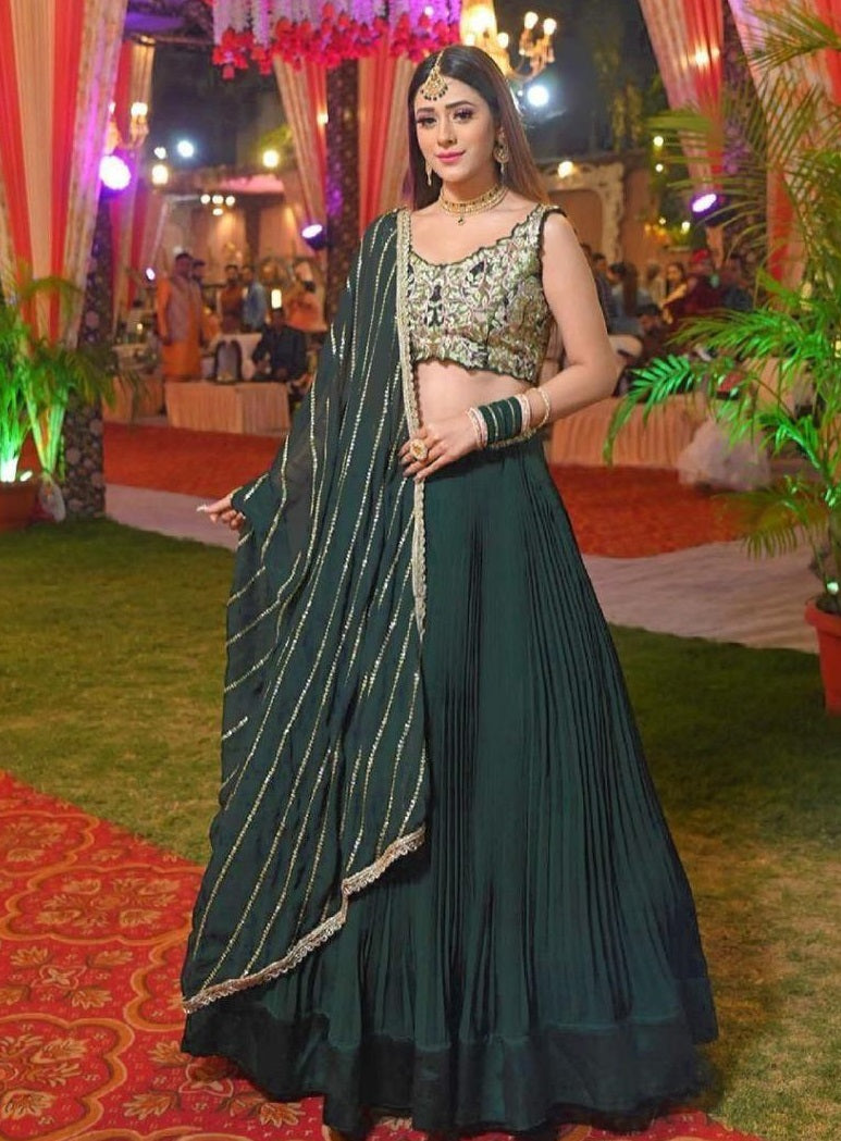 Green Color Chinin Fabric Semi Stitched Lehenga Choli For Party Wear