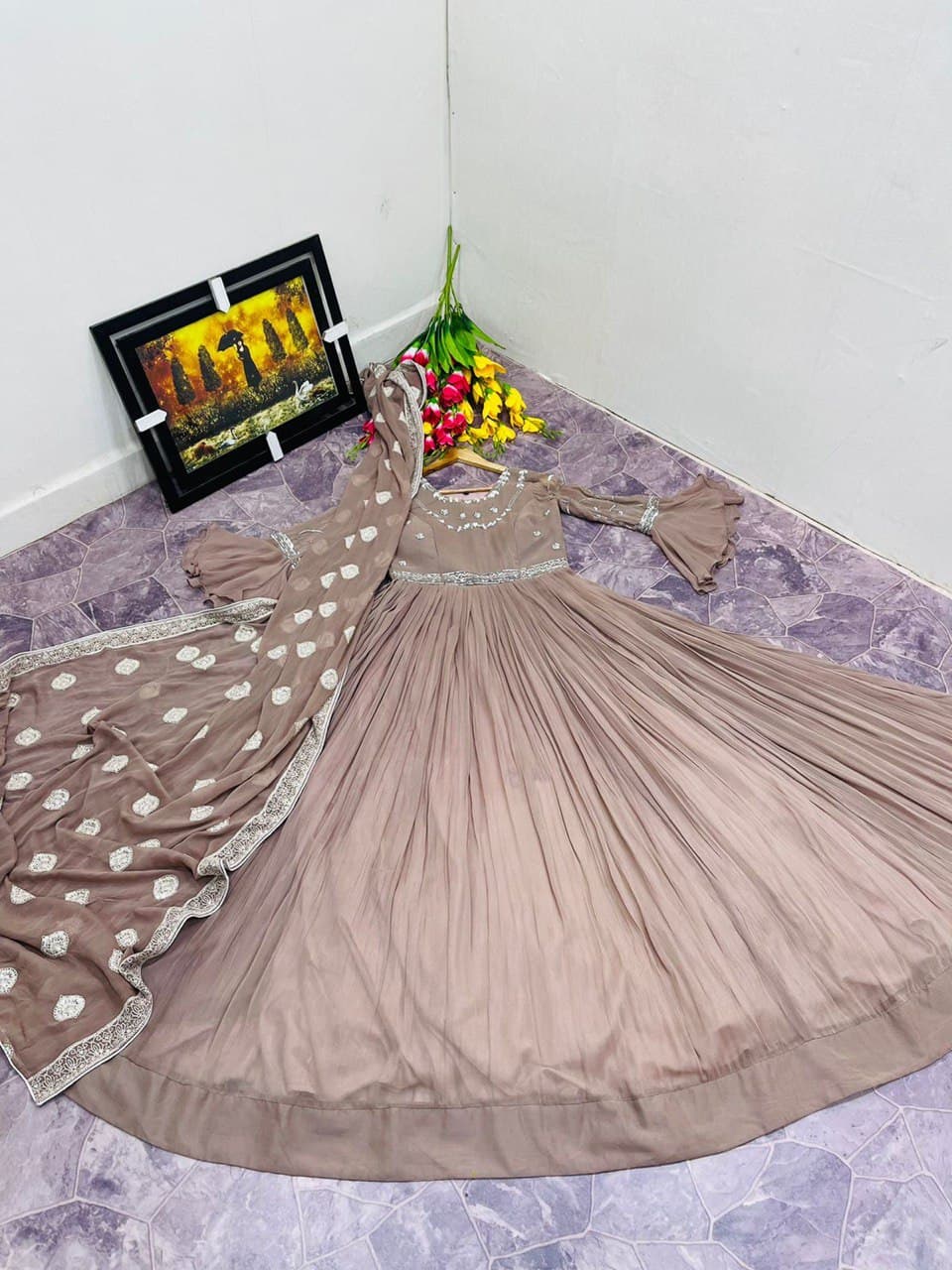 Grey Color Georgette Designer Gown Dress For Women