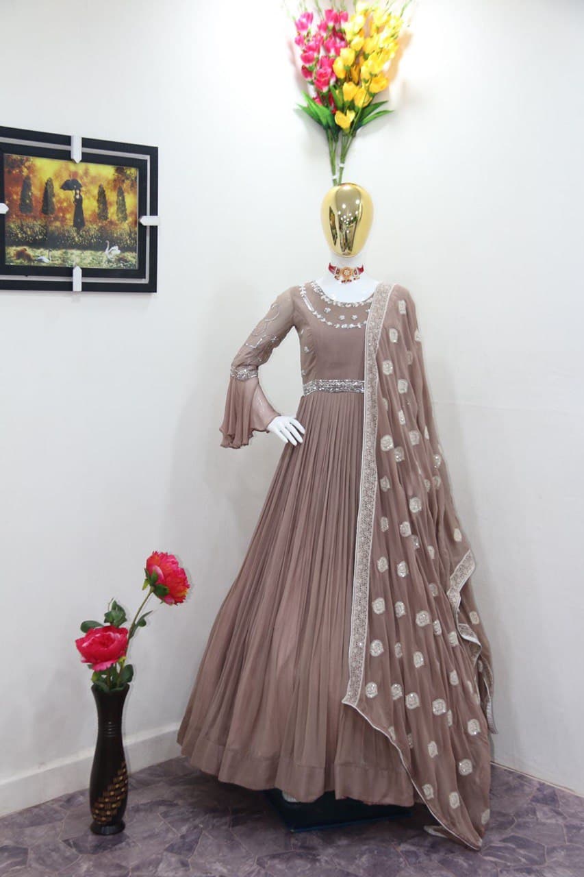 Grey Color Georgette Designer Gown Dress For Women