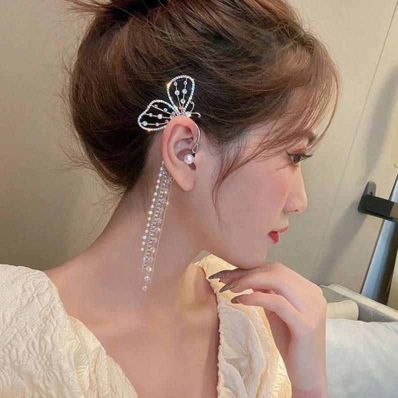 Villefashion left and right 2 pcs set Latest Pearl Butterfly Fairy Air Earrings Without Pierced Ears 2022