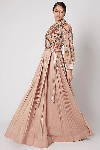 Peach color printed top designer lehenga