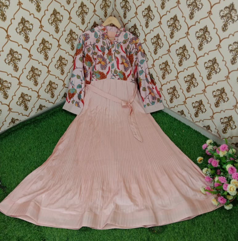 Peach color printed top designer lehenga