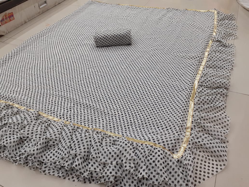 Gray Printed Party Wear Silk Saree With Embroidered Blouse