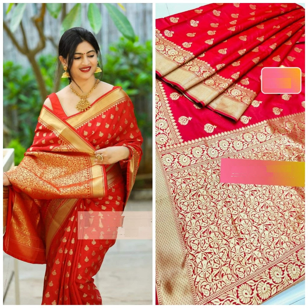 Vibrant Red Color Party Wear Banarasi Silk Jacquard Saree With Reach Pallu For Women