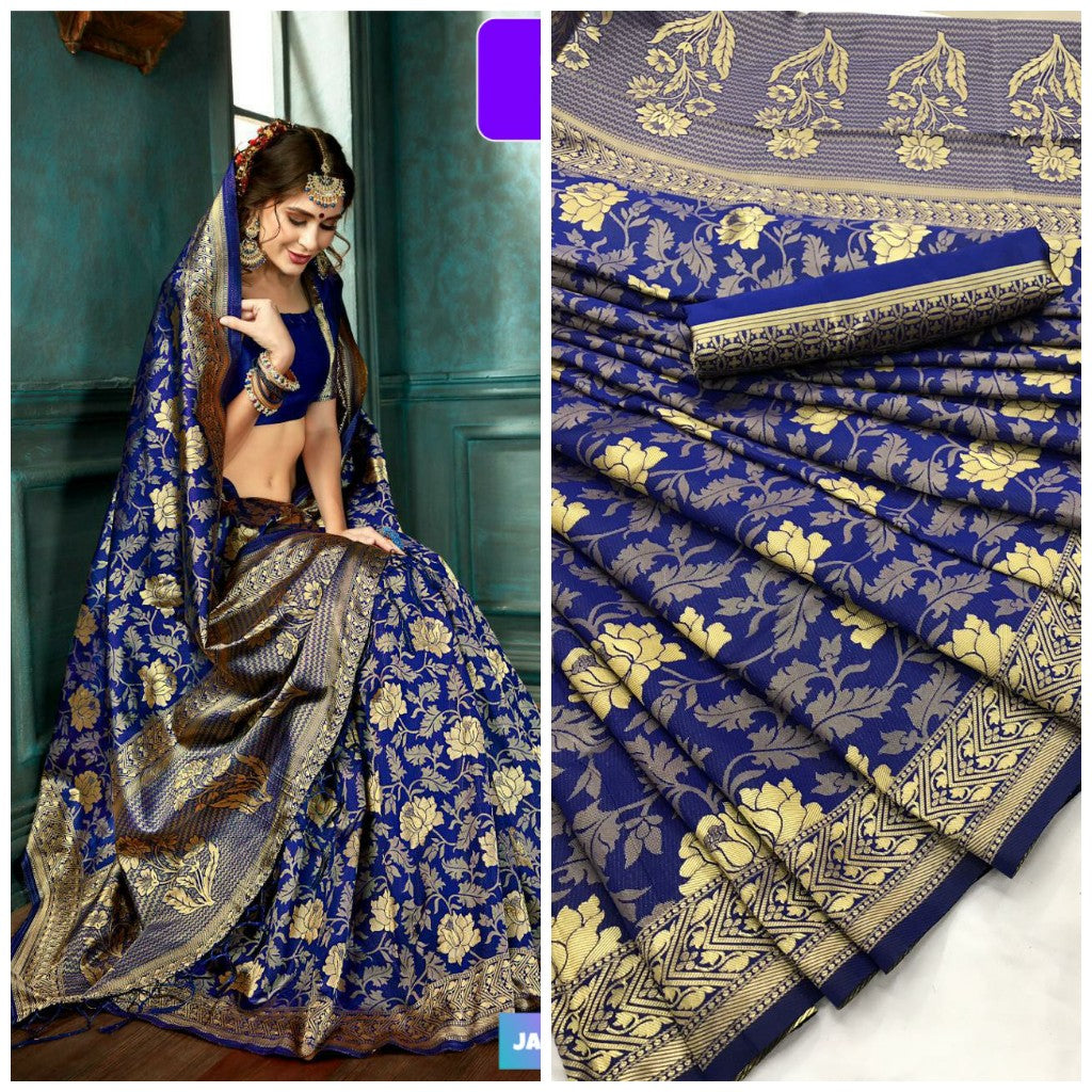 Blue Color Party Wear Women's Banarasi Silk Saree With Reach Pallu Border