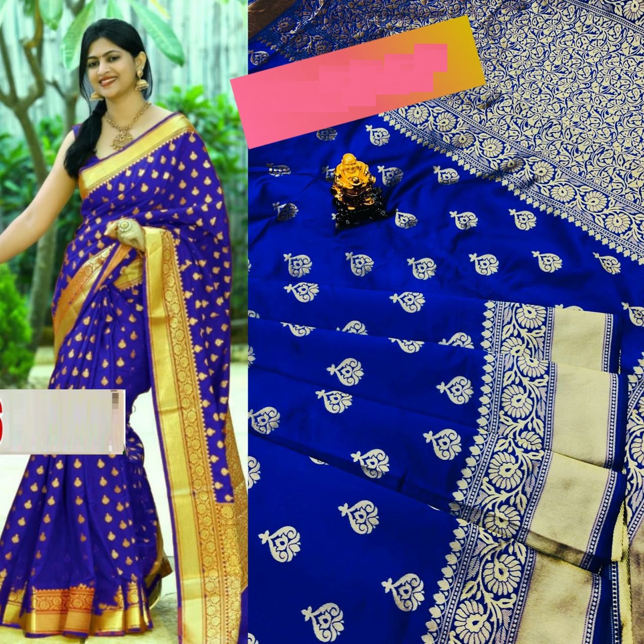 Blue & Yellow Colored Party Wear Ladise Banarasi Silk Saree With Reach Pallu Border