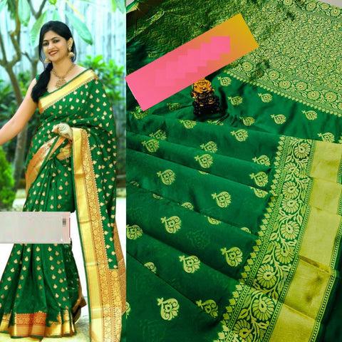Green Colored Party Wear Latest Women's Banarasi Silk Saree With Reach Pallu Border