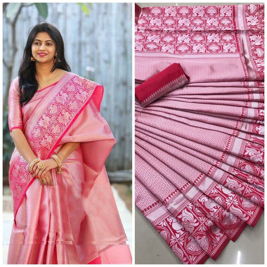 Stunning Pink Colored Party Wear Latest Women's Banarasi Silk Saree With Reach Pallu Border
