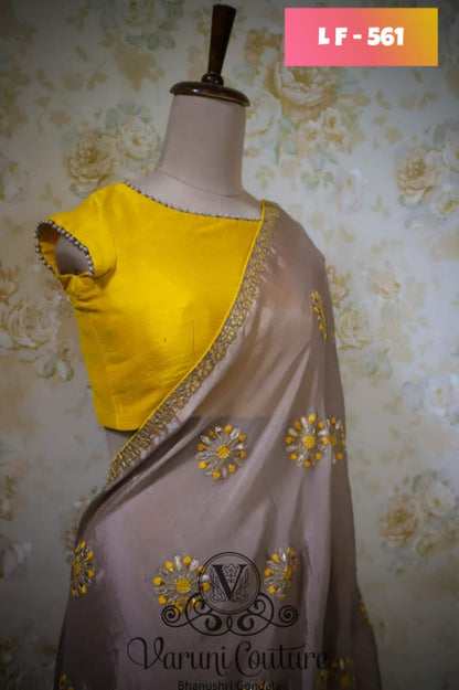 Grey & Yellow Designer Latest Chiffon Embroidered Saree For Women