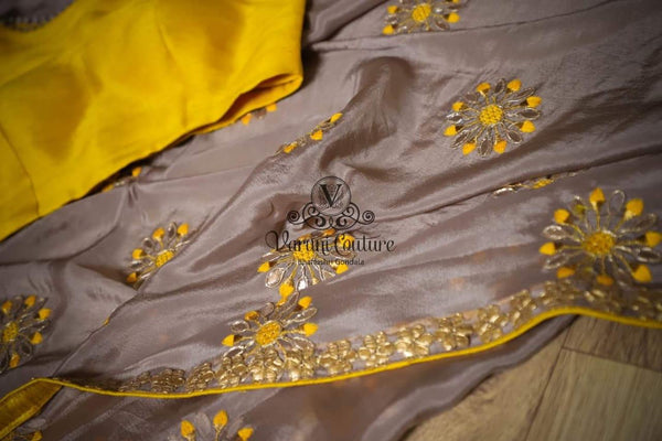 Grey & Yellow Designer Latest Chiffon Embroidered Saree For Women