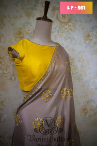 Grey & Yellow Designer Latest Chiffon Embroidered Saree For Women