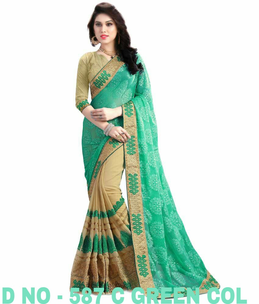 Green & Grey Colored Women's Party Wear Georgette With Embroidered and Rubber Print Saree