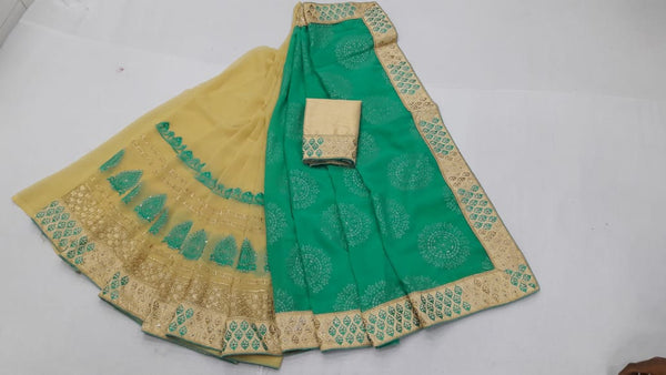 Green & Grey Colored Women's Party Wear Georgette With Embroidered and Rubber Print Saree