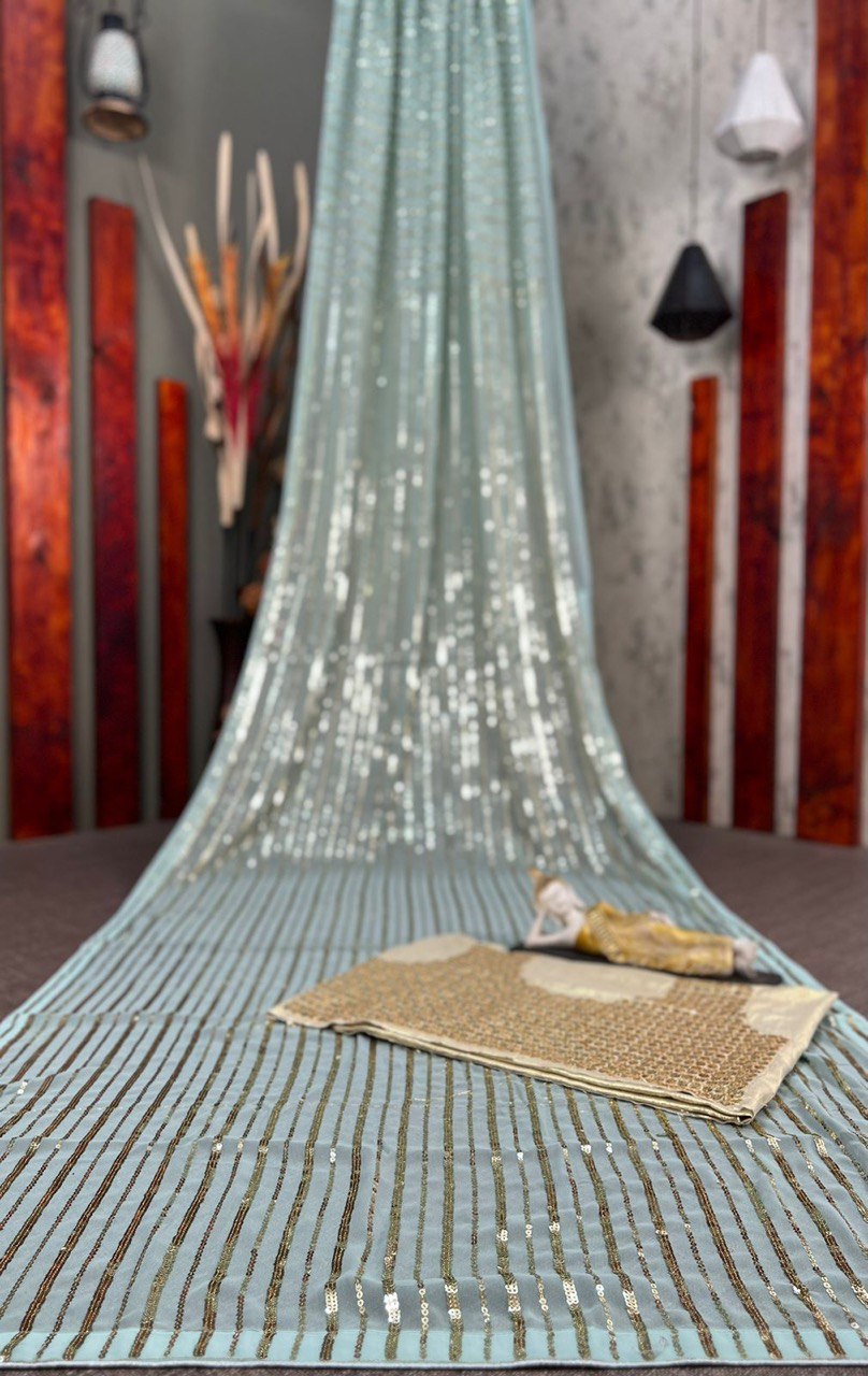 Traditional Georgette Sequence Work On Pallu And Skirt saree for farewell