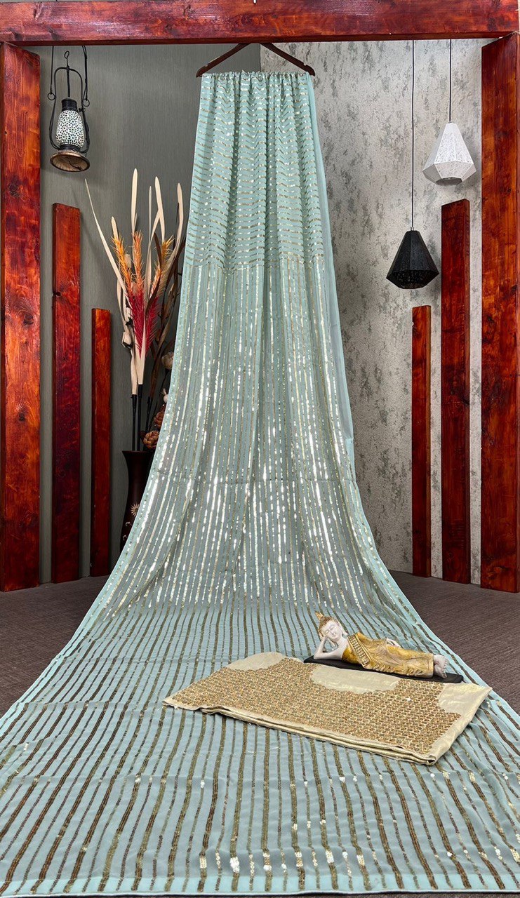 Traditional Georgette Sequence Work On Pallu And Skirt saree for farewell