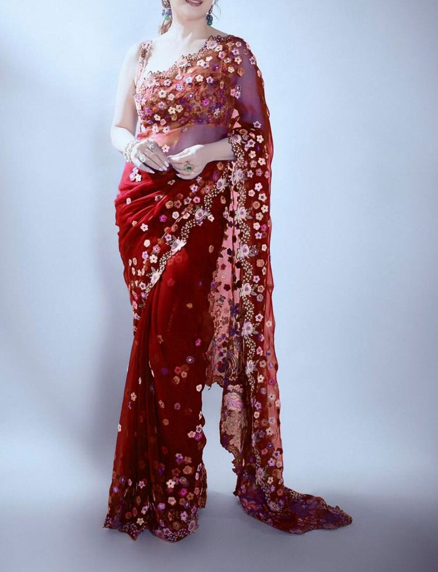 Latest Designer Organza Silk Embroidered Saree For Women