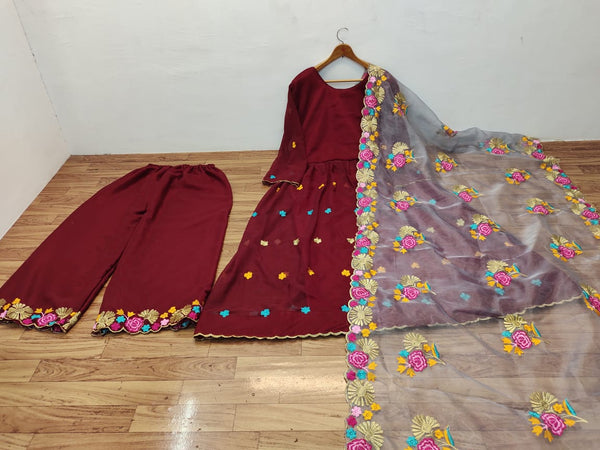 Maroon Color Embroidered Latest Designer Gown Bottom Dupatta