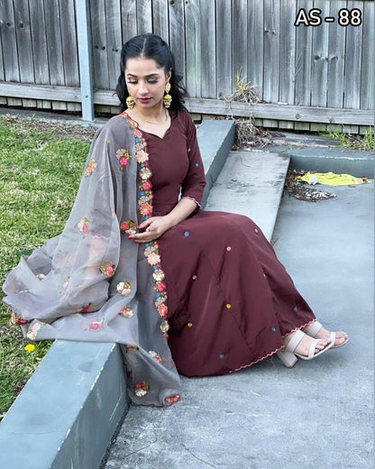 Maroon Color Embroidered Latest Designer Gown Bottom Dupatta