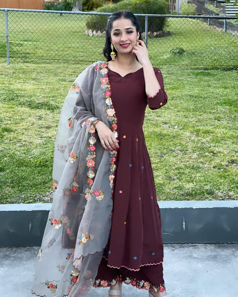 Maroon Color Embroidered Latest Designer Gown Bottom Dupatta