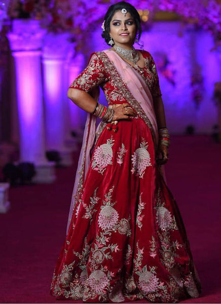 Maroon Velvet Designer Embroidered Lehenga