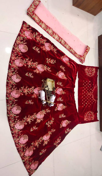 Maroon Velvet Designer Embroidered Lehenga