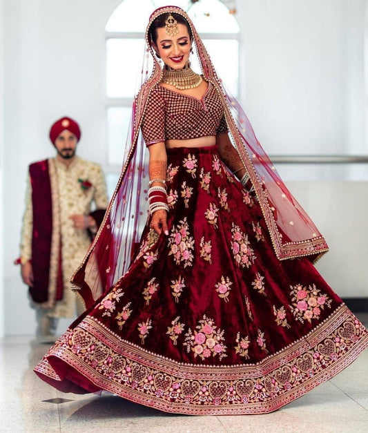 Maroon Velvet Silk Heavy Embroidery Work Bridal Lehenga