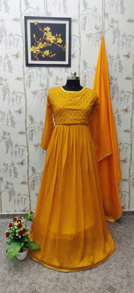 Mustard Color Designer Long Frock Gown Dress With Koti And Dupatta For Party Wear