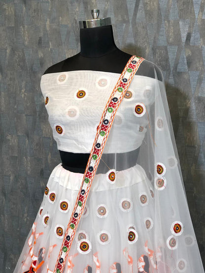 White Color Mirror Work Designer Festival Wear Net Semi Stitched Lehenga Choli