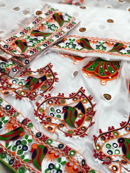 White Color Mirror Work Designer Festival Wear Net Semi Stitched Lehenga Choli