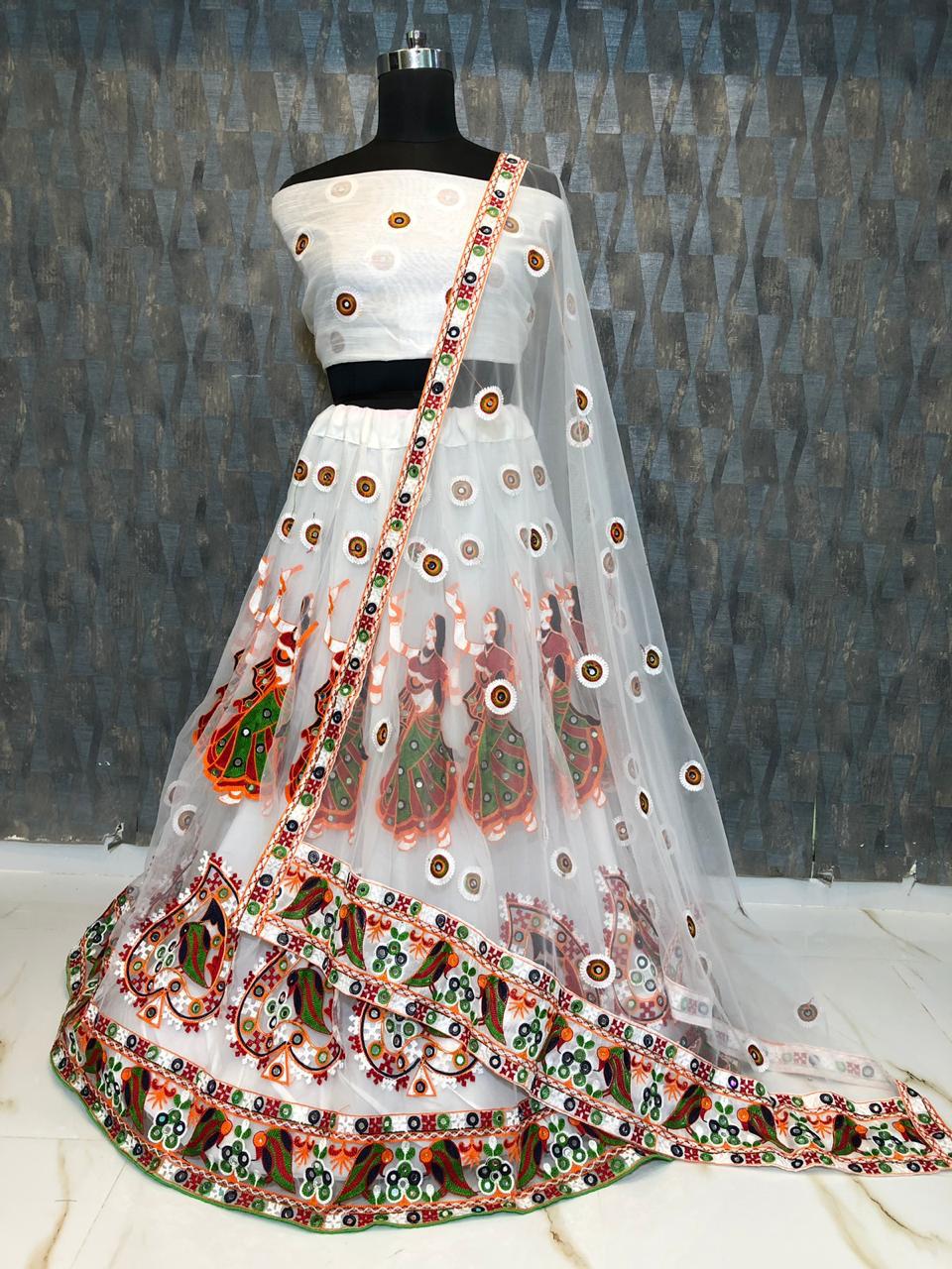 White Color Mirror Work Designer Festival Wear Net Semi Stitched Lehenga Choli
