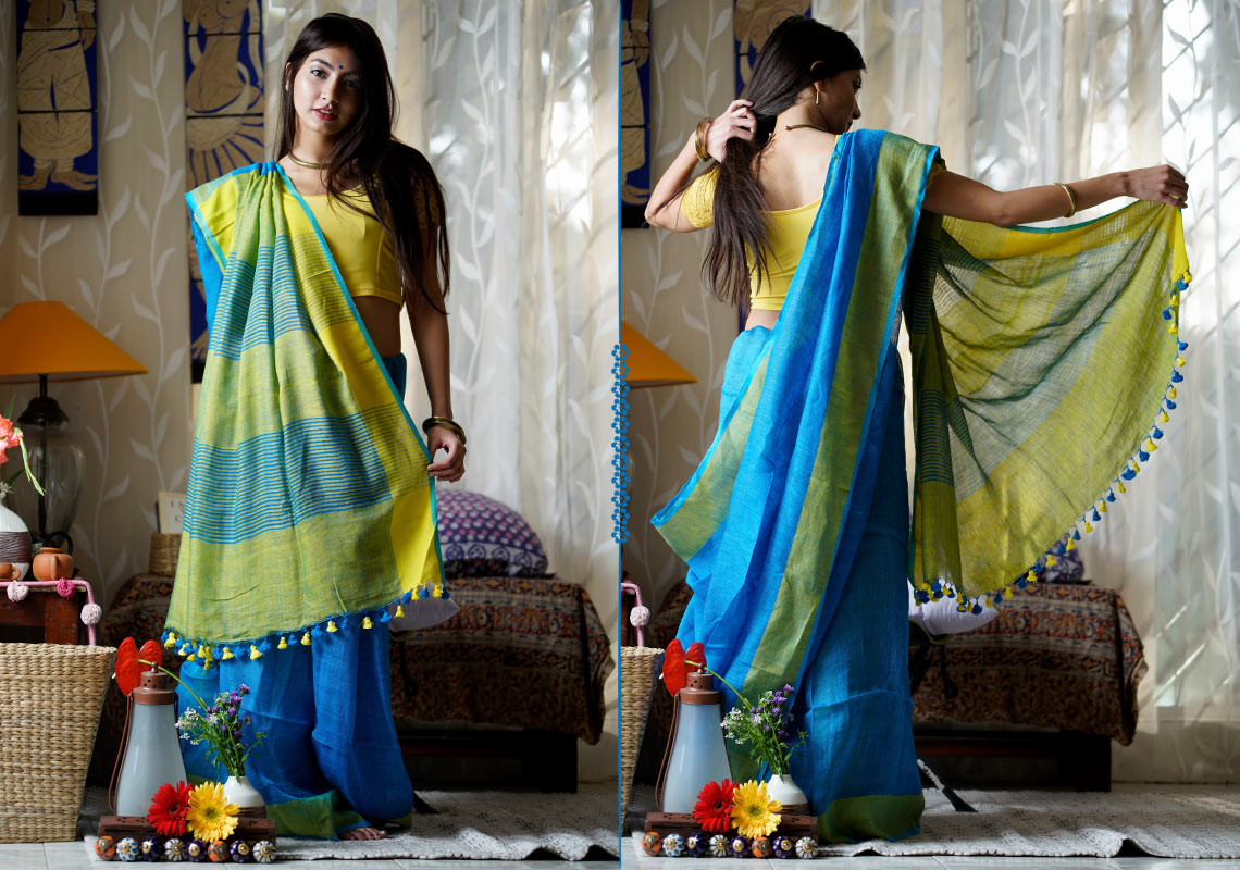 Pleasing Neon Blue Premium Linen Saree